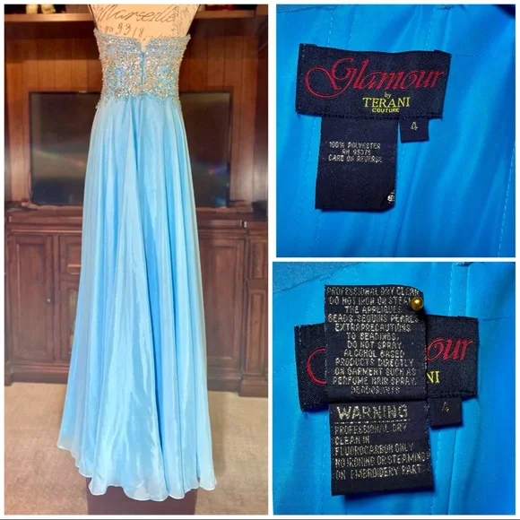 Terani Couture Strapless Gown Aqua Prom Bedazzled Evening Dress  Size 4 - Picture 4 of 6